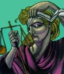 Justitia (Roman) or Themis (Greek) Goddess of Justice, not only peeking, but deprived of one pan of her scales of justice